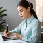 번역사가 준비해야 할 계약서 필수 항목 - A diligent female translator, approximately 30 years old, with her hair neatly tied back, wearing a ...