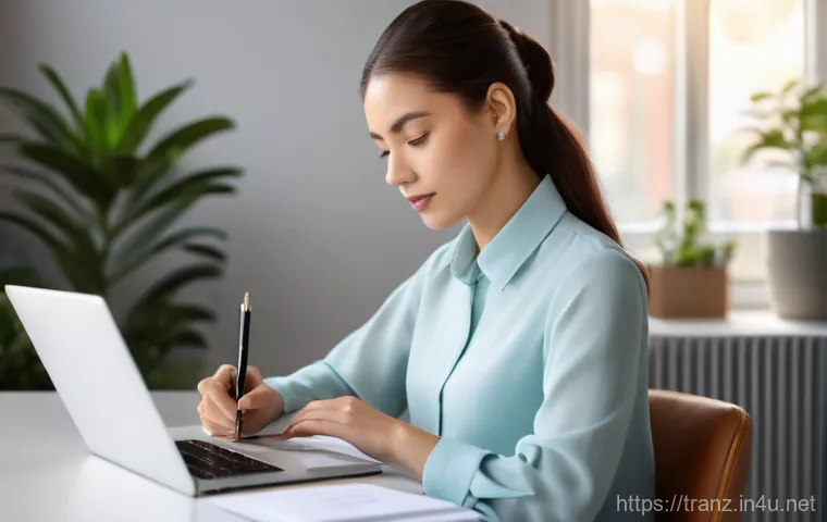번역사가 준비해야 할 계약서 필수 항목 - A diligent female translator, approximately 30 years old, with her hair neatly tied back, wearing a ...