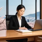 번역사와 데이터 관리의 중요성 - A professional female translator, mid-30s, with a warm, focused expression, is seated at a modern, u...