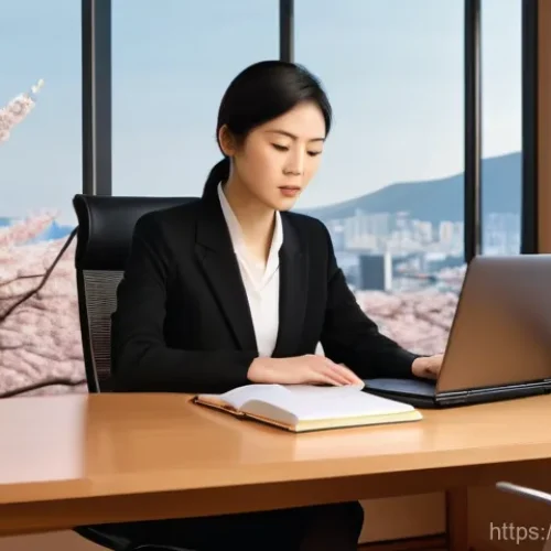 Home 23 번역사와 데이터 관리의 중요성 - A professional female translator, mid-30s, with a warm, focused expression, is seated at a modern, u...