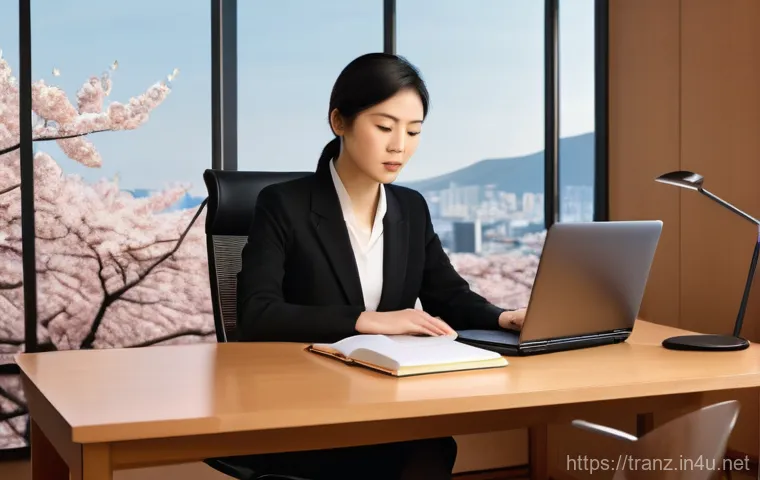 번역사와 데이터 관리의 중요성 - A professional female translator, mid-30s, with a warm, focused expression, is seated at a modern, u...