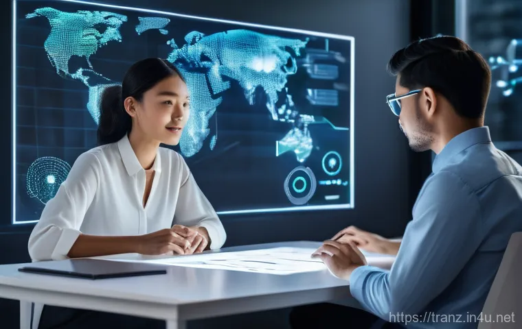 번역사와 데이터 관리의 중요성 - A sleek, futuristic data center environment, bathed in cool blue and green light, depicting robust d...