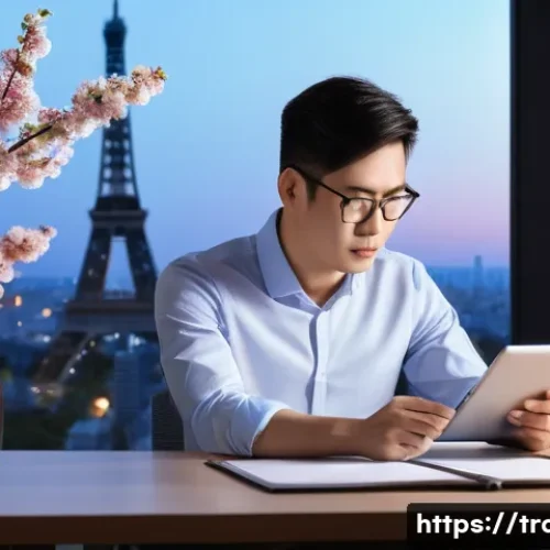 Home 7 번역사들이 추천하는 필독서 - A professional translator, elegantly dressed in business casual attire, is seated at a modern desk, ...