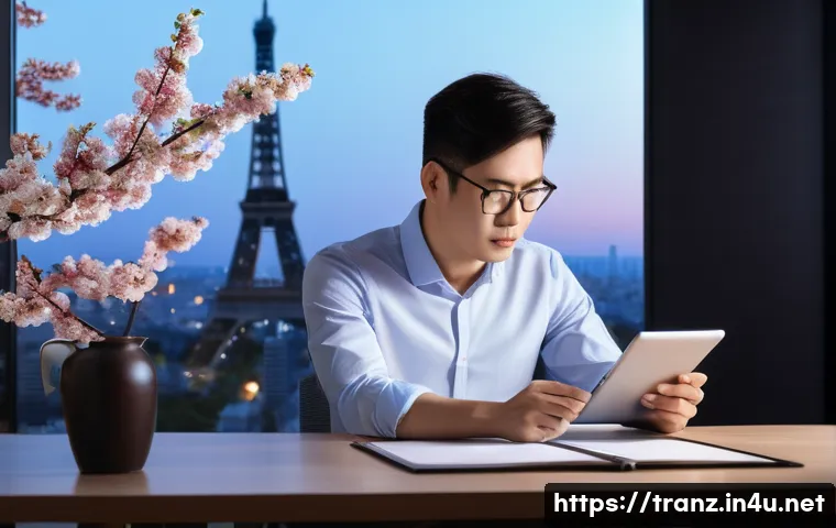 번역사들이 추천하는 필독서 - A professional translator, elegantly dressed in business casual attire, is seated at a modern desk, ...